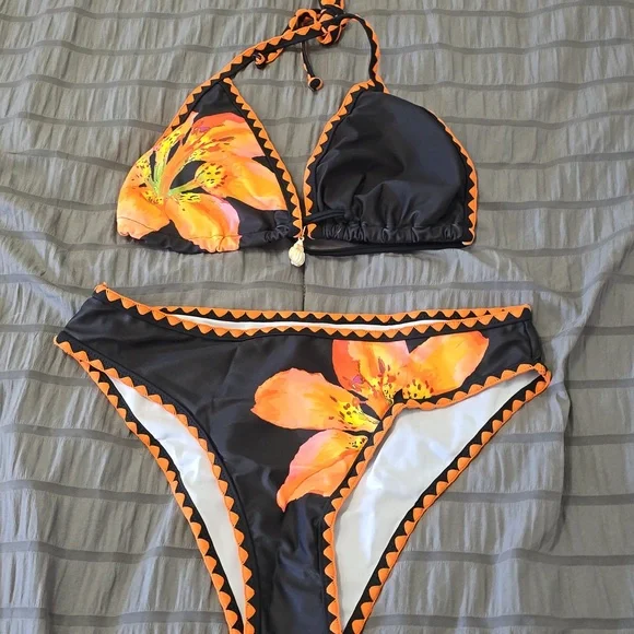 Black and Orange Floral Bikini Set Sz Lg - Picture 2 of 3